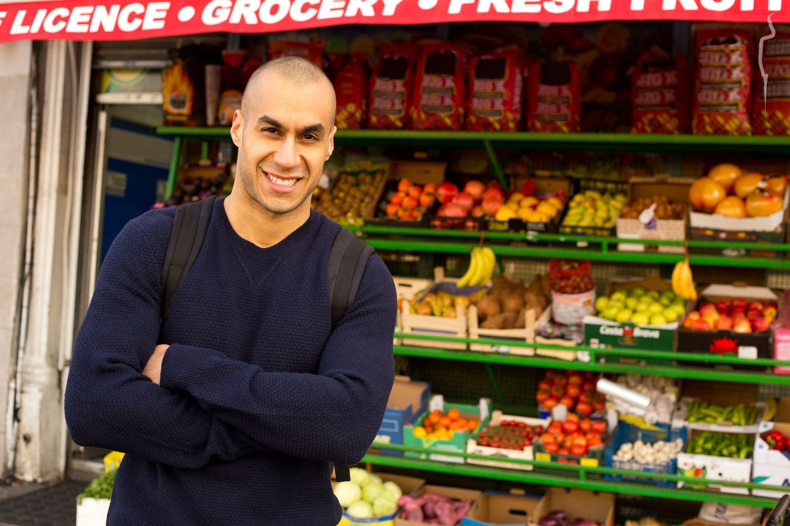 His shop. Местный торговец. Man Walking with groceries.